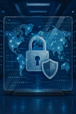 Cybersecurity Shield Lock on Digital Glass