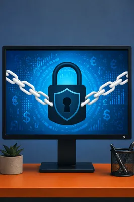 Cybersecurity Lock Shield on Blue Monitor
