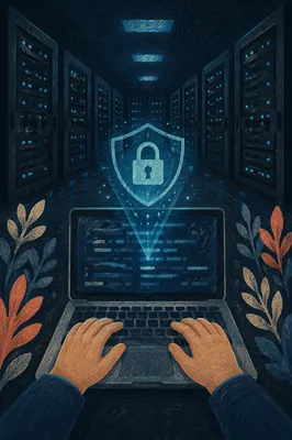 Cybersecurity Shield Over Laptop in Server Room