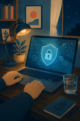 Glowing Cybersecurity Shield on Laptop Desk