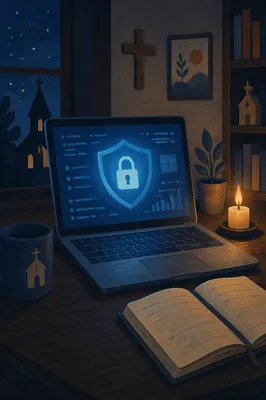 Glowing Cybersecurity Shield in Church Office