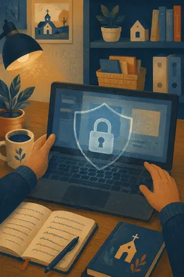 Hands Securing Laptop with Digital Shield