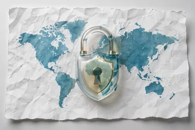 Global Cybersecurity Lock Shield on Paper Map