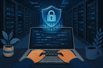 Cybersecurity Shield Over Laptop in Server Room