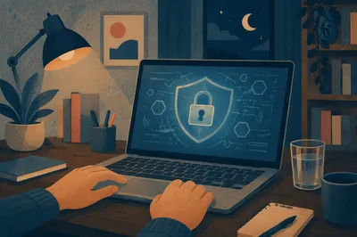 Cybersecurity Shield on Laptop at Night