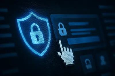 Glowing Cybersecurity Shield on Dark Screen
