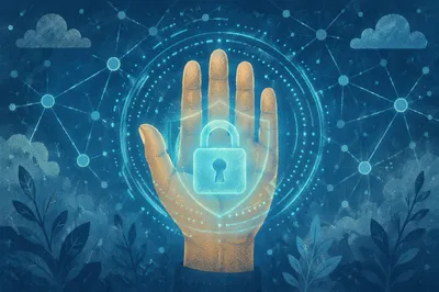 Cybersecurity Hand with Holographic Lock Shield