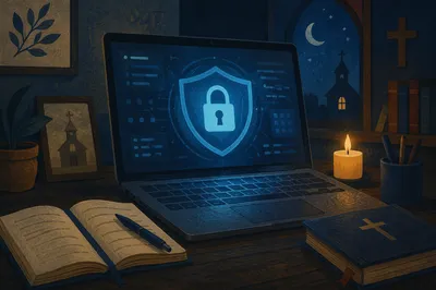 Cybersecurity Shield on Church Office Laptop