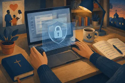 Hands Securing Laptop with Digital Shield