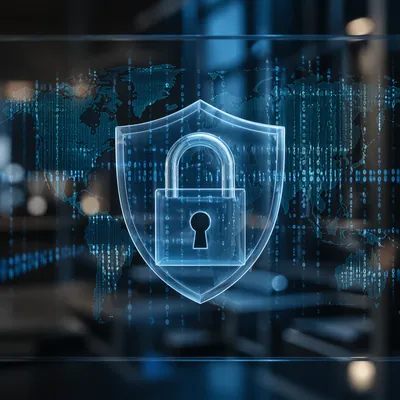 Cybersecurity Lock Shield on Digital World Map