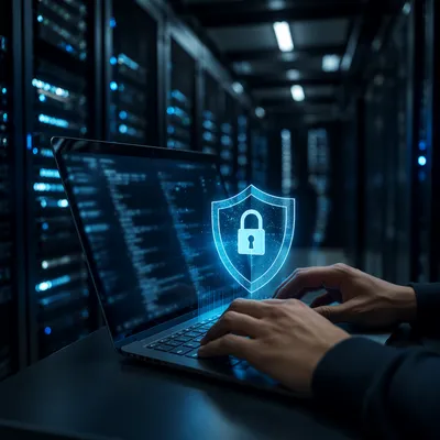 Cybersecurity Shield Over Laptop in Server Room