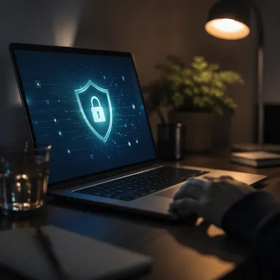 Glowing Cybersecurity Shield on Laptop at Night