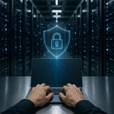 Cybersecurity Shield Over Laptop in Server Room