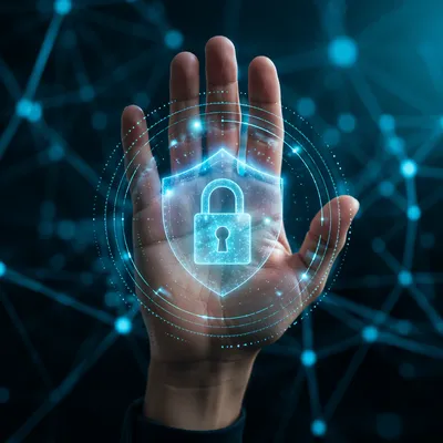 Hand Holding Holographic Cybersecurity Shield Lock