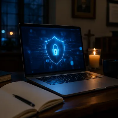 Cybersecurity Shield in Quiet Church Office