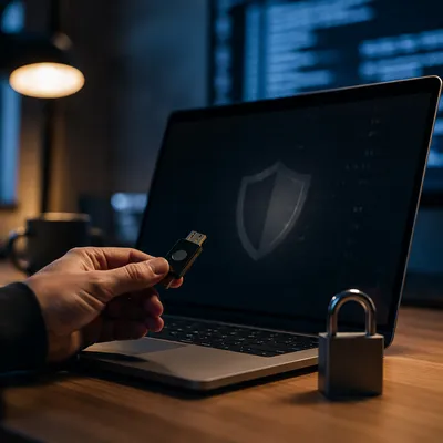 Cybersecurity Padlock and Shield on Laptop