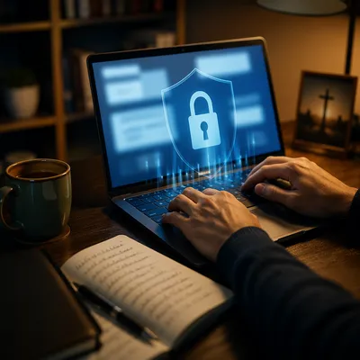 Hands Securing Laptop with Digital Shield
