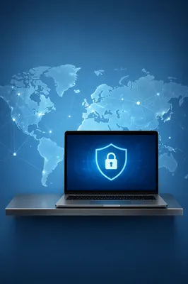 Cybersecurity Shield on Laptop with Global Network