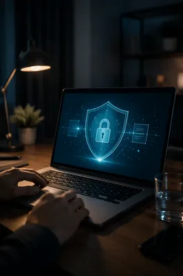Cybersecurity Shield on Laptop at Night