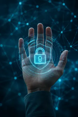 Open Hand with Cybersecurity Lock Shield