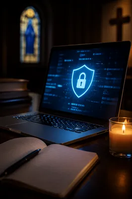 Church Office Cybersecurity Shield on Laptop