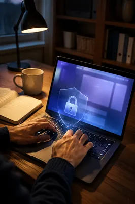 Hands Securing Laptop with Digital Shield