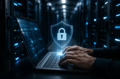 Cybersecurity Shield Over Laptop in Server Room