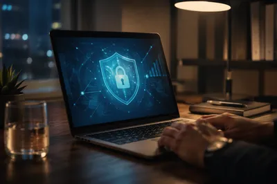 Cybersecurity Lock Shield on Laptop at Night