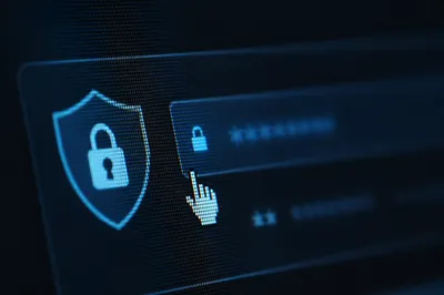 Glowing Cybersecurity Shield on Dark Screen