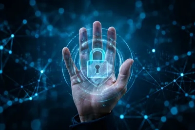Open Hand with Cybersecurity Lock Shield