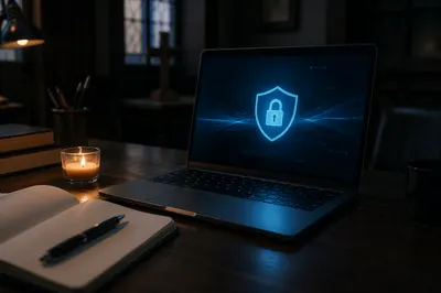 Cybersecurity Shield in Quiet Church Office