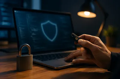 Cybersecurity Padlock and Shield on Laptop Desk