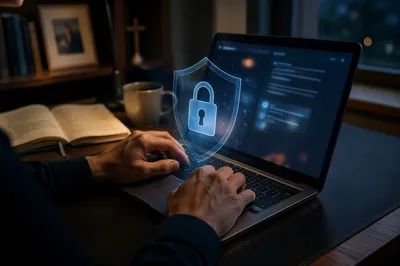Hands Securing Laptop with Digital Shield