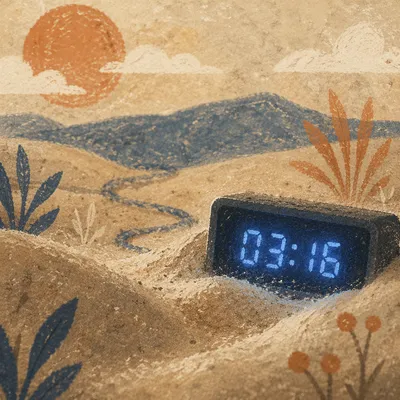 Blue Digital Clock Buried in Desert Sand