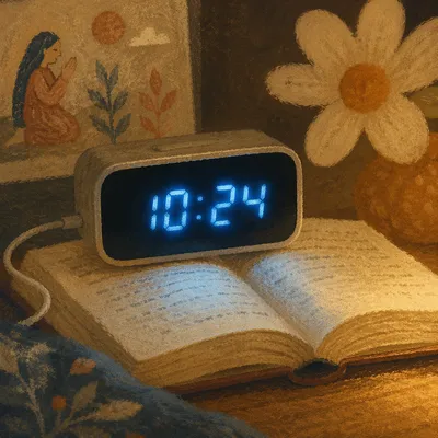 Glowing Blue Digital Clock on Open Book