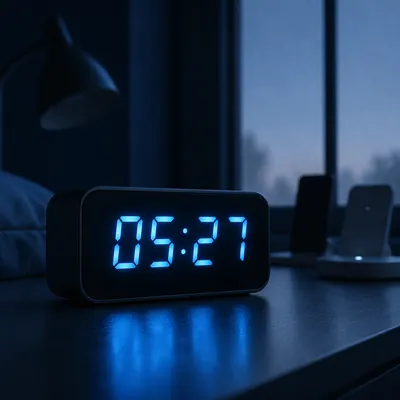 Blue Glowing Digital Alarm Clock Closeup