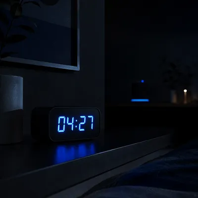 Blue Digital Clock in Pre-Dawn Darkness