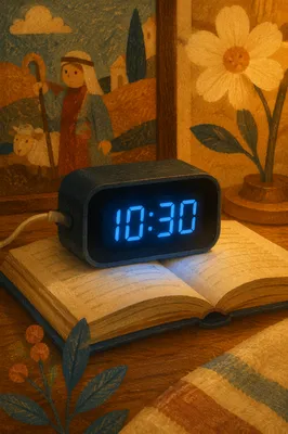 Glowing Blue Digital Clock on Open Book