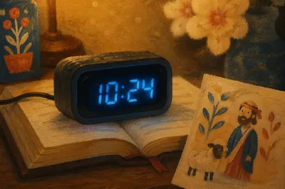 Glowing Blue Digital Clock on Open Book