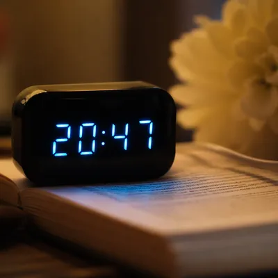 Glowing Blue Digital Clock on Open Book
