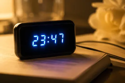 Glowing Blue Digital Clock on Open Book
