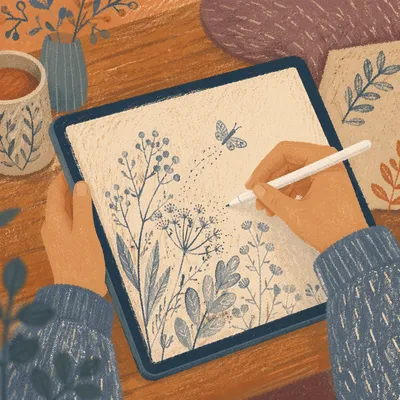 Stylus Sketching Nature Art on Digital Tablet
