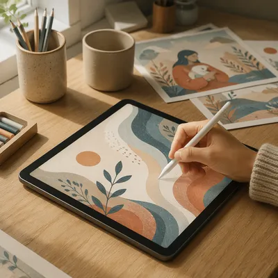 Creative Tablet Sketching on Wooden Desk