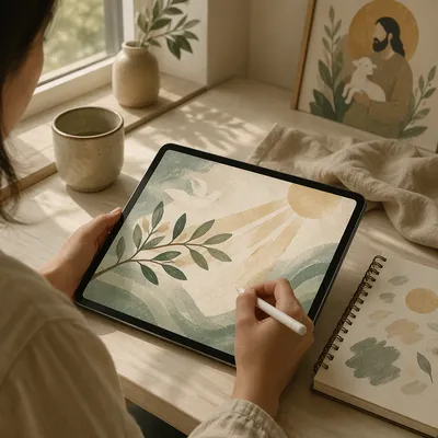 Stylus Drawing Olive Branch on Digital Tablet