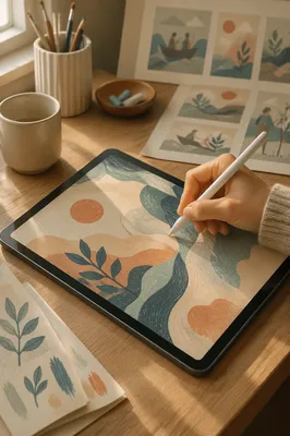 Creative Tablet Drawing on Wooden Desk