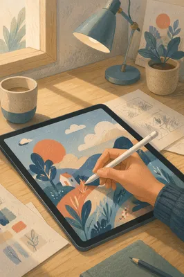 Creative Drawing on Digital Tablet Desk