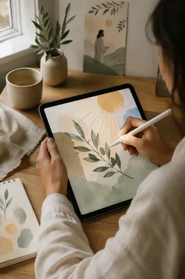Hands Drawing Olive Branch on Digital Tablet