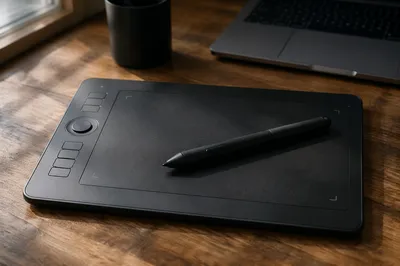 Digital Tablet and Stylus on Wooden Desk