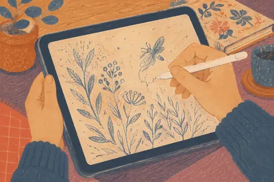 Hands Drawing Nature Art on Digital Tablet