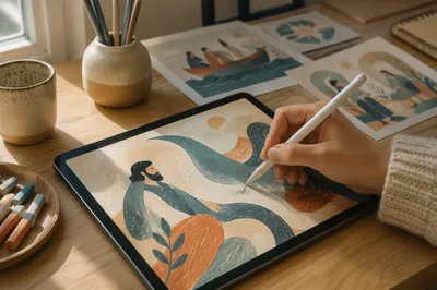 Creative Tablet Sketching on Wooden Desk